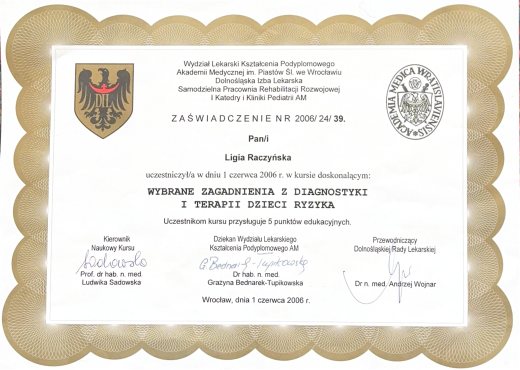 Certyfikat Terapia dzieci ryzyka – Ligia Raczyńska Syców