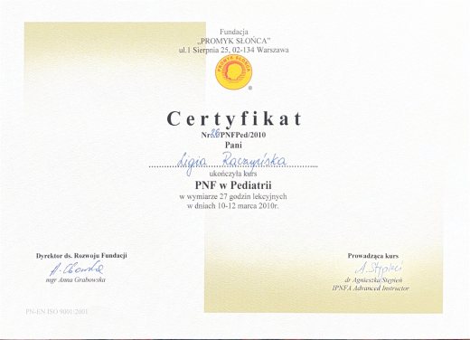 Certyfikat PNF w pediatrii – Ligia Raczyńska Syców