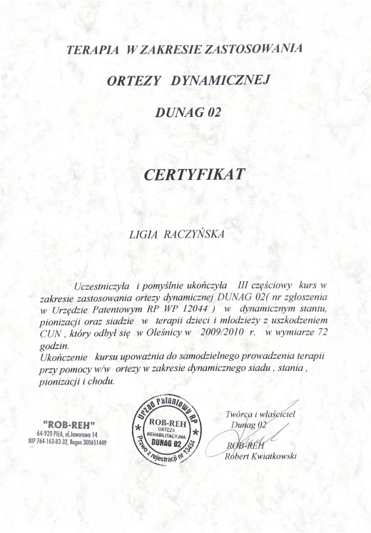 Certyfikat Zastosowania ortezy dynamicznej DUNAG – Ligia Raczyńska Syców
