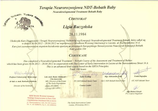 Certyfikat Terapia neurorozwojowa NDT Bobath1 – Ligia Raczyńska Syców