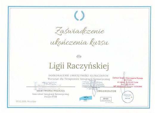 Certyfikat Doskonalenie umiejętności SI – Ligia Raczyńska Syców