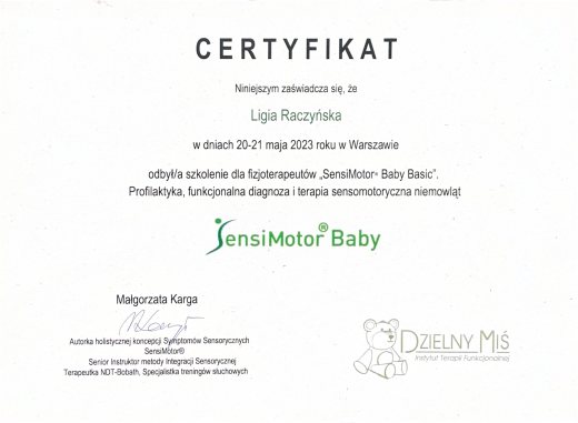 Certyfikat Sensimotor Baby Basic – Ligia Raczyńska Syców