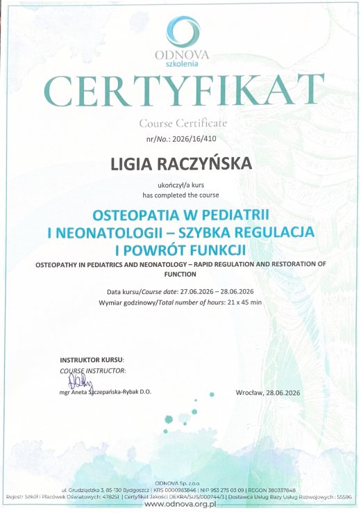 Certyfikat Osteopatia w pediatrii i neonatologii – Ligia Raczyńska Syców